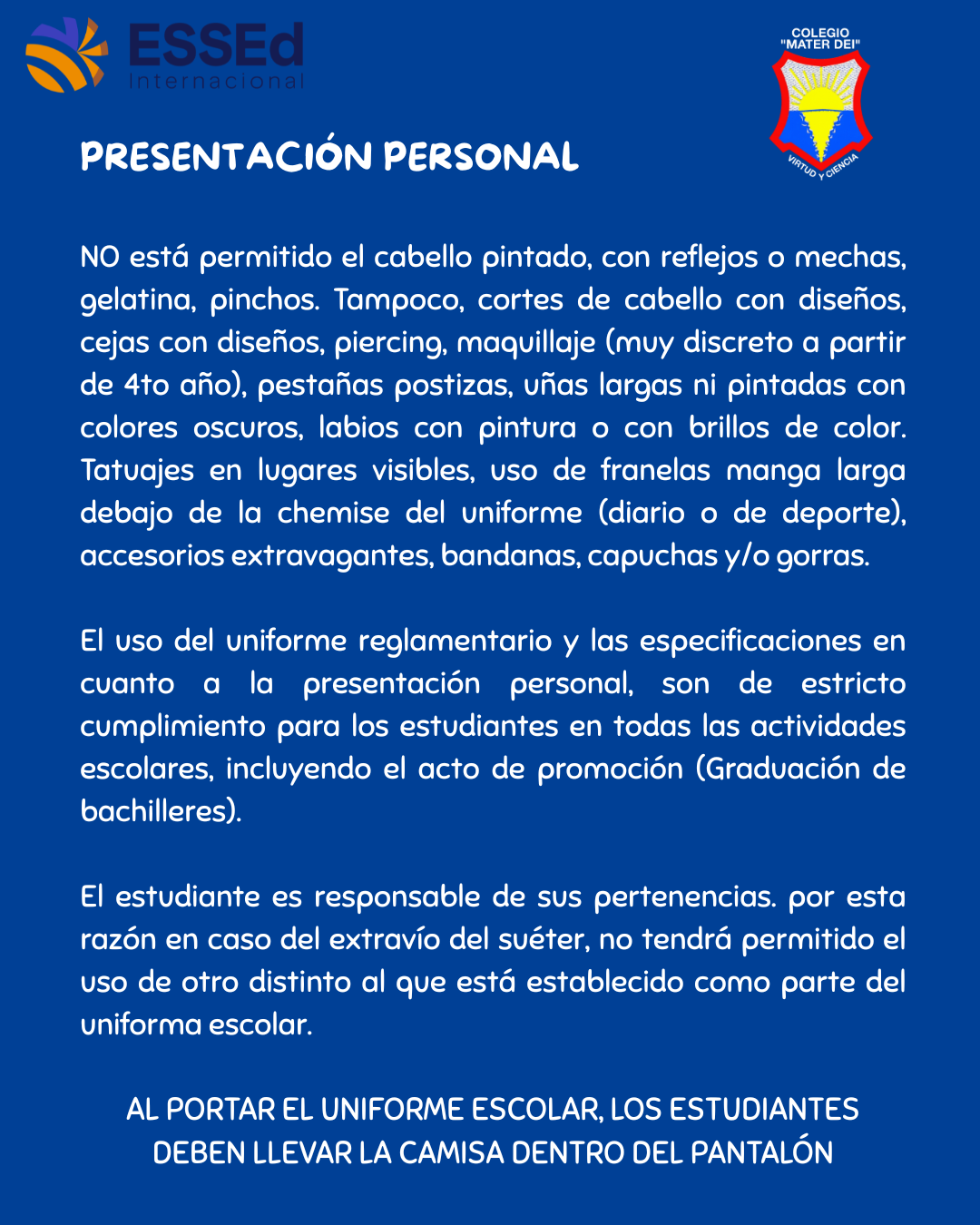 UNIFORME ESCOLAR reglamentario de Educación Media General (1ro a 5to año)